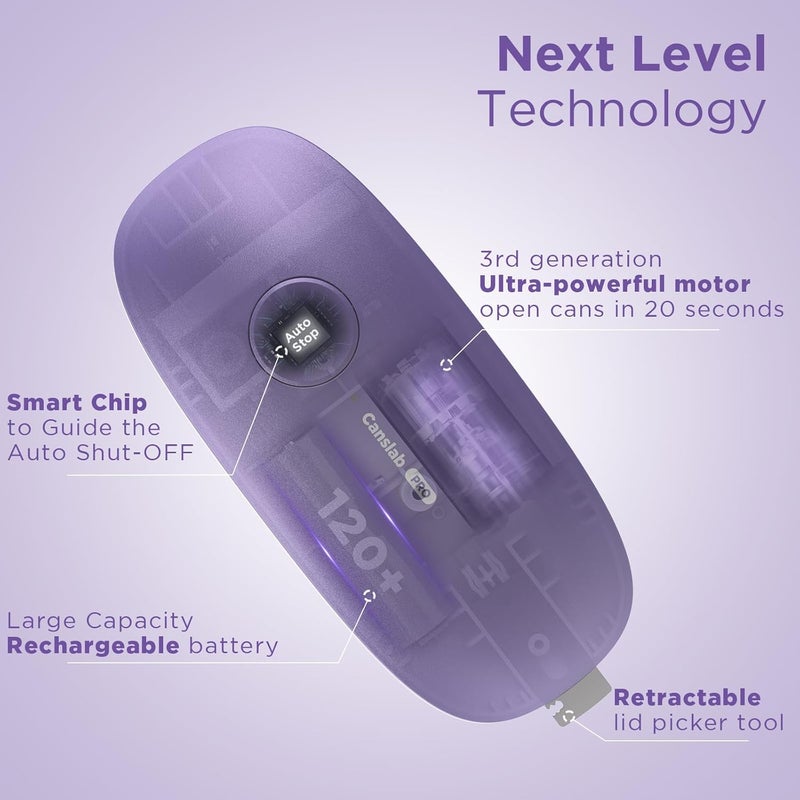 Canslab Ultrablade PRO Auto Stop Can Opener - Rechargeable Electric Can Opener for Kitchen for Seniors with Arthritis - One Touch Side Cut Opener, Smooth Edge, Lilac - Image 3