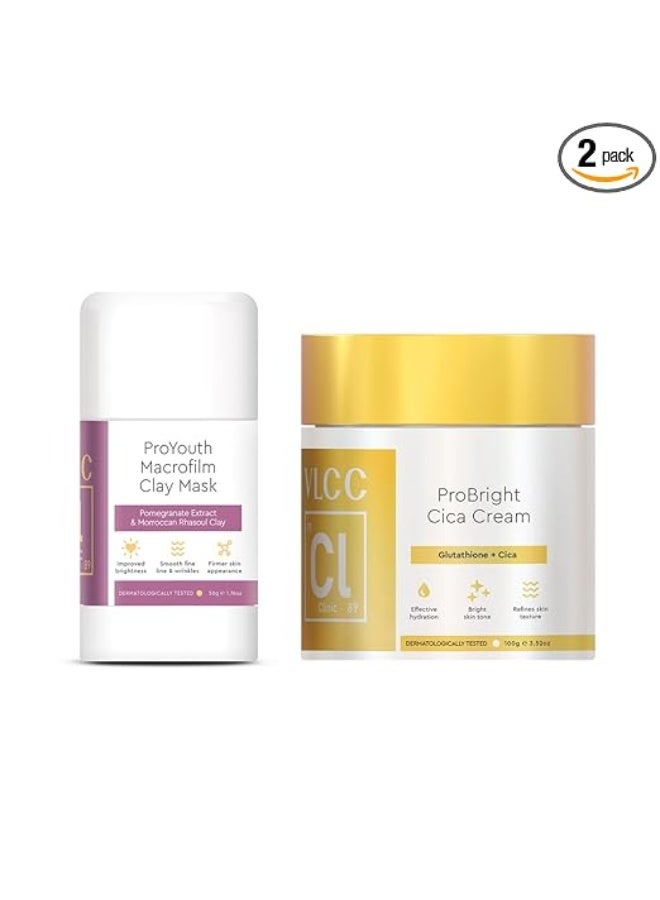 VLCC Clinic Skin Perfect Combo for Wrinkles and Glowing Skin | Pro Youth Macrofilm Clay Mask - 50g with Pomegranate & Rhassoul Clay + Pro Bright Cica Cream - 100g with Cica and Glutathione - Image 1