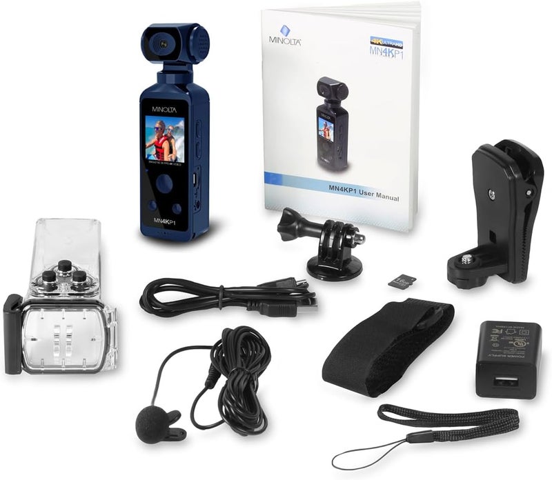 Minolta 4K Ultra HD Pocket Camcorder – WiFi Enabled Action Camera with 16MP Photos, 170° Wide Angle Lens, 270° Rotating Head, Slow Motion, 1.3-inch Display - 16GB Card & Waterproof Case (Blue) - Image 1