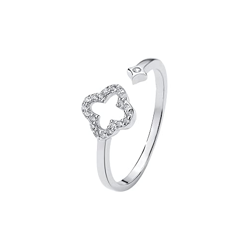Izpack Hollow Four Leaf Clover Stacking Ring 925 Sterling Silver Crystal Cubic Zirconia Cross Open Adjustable Statement Knuckle Finger Rings Promise Eternity Bands Dainty Jewelry Gifts for Women (Clear CZ) - Image 1