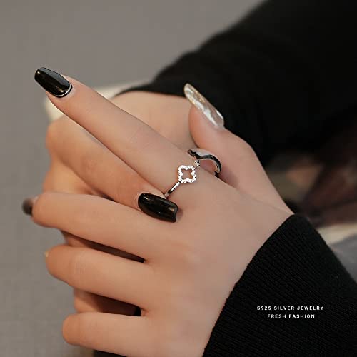Izpack Hollow Four Leaf Clover Stacking Ring 925 Sterling Silver Crystal Cubic Zirconia Cross Open Adjustable Statement Knuckle Finger Rings Promise Eternity Bands Dainty Jewelry Gifts for Women (Clear CZ) - Image 2
