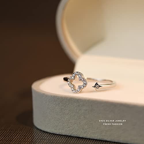 Izpack Hollow Four Leaf Clover Stacking Ring 925 Sterling Silver Crystal Cubic Zirconia Cross Open Adjustable Statement Knuckle Finger Rings Promise Eternity Bands Dainty Jewelry Gifts for Women (Clear CZ) - Image 3