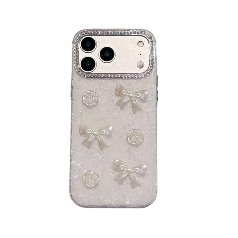 LS غطاء واقي بTPU+PC لـ iPhone 15 / 15 Plus / 15 Pro / 15 Pro Max مع حماية من السقوط وتغطية كاملة مع مقاوم للصدمات مع لؤلؤة راينستون وفراشة مع بريق نقش الصدف باللون وردي بتفاصيل مرصع. - Image 5