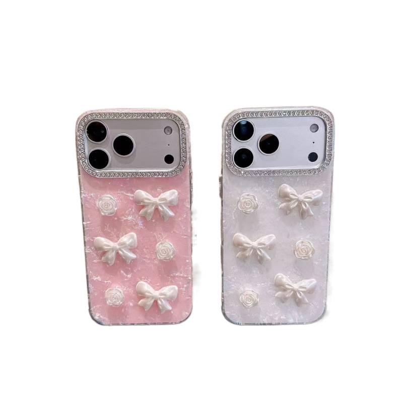 LS غطاء واقي بTPU+PC لـ iPhone 15 / 15 Plus / 15 Pro / 15 Pro Max مع حماية من السقوط وتغطية كاملة مع مقاوم للصدمات مع لؤلؤة راينستون وفراشة مع بريق نقش الصدف باللون وردي بتفاصيل مرصع. - Image 2