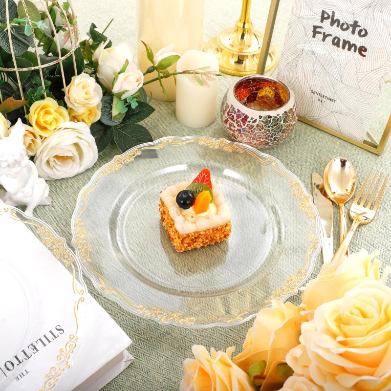 DaYammi 60PCS Clear Gold Plastic Plates Fancy Heavy Duty Clear Disposable Plates Premium 10.25inch Dinner Plates with Gold Rim Hard Plastic Plates Disposable for Party and Wedding - Image 2