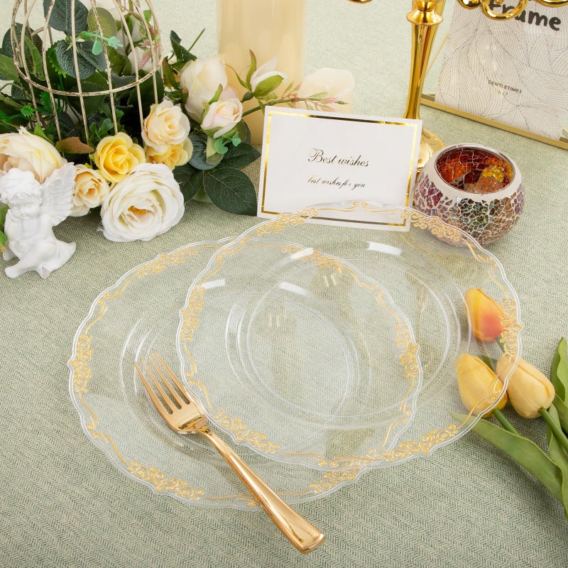 DaYammi 60PCS Clear Gold Plastic Plates Fancy Heavy Duty Clear Disposable Plates Premium 10.25inch Dinner Plates with Gold Rim Hard Plastic Plates Disposable for Party and Wedding - Image 4