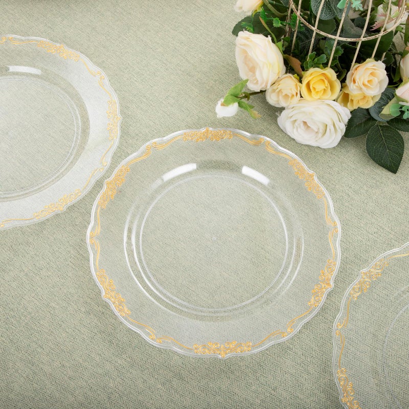 DaYammi 60PCS Clear Gold Plastic Plates Fancy Heavy Duty Clear Disposable Plates Premium 10.25inch Dinner Plates with Gold Rim Hard Plastic Plates Disposable for Party and Wedding - Image 5