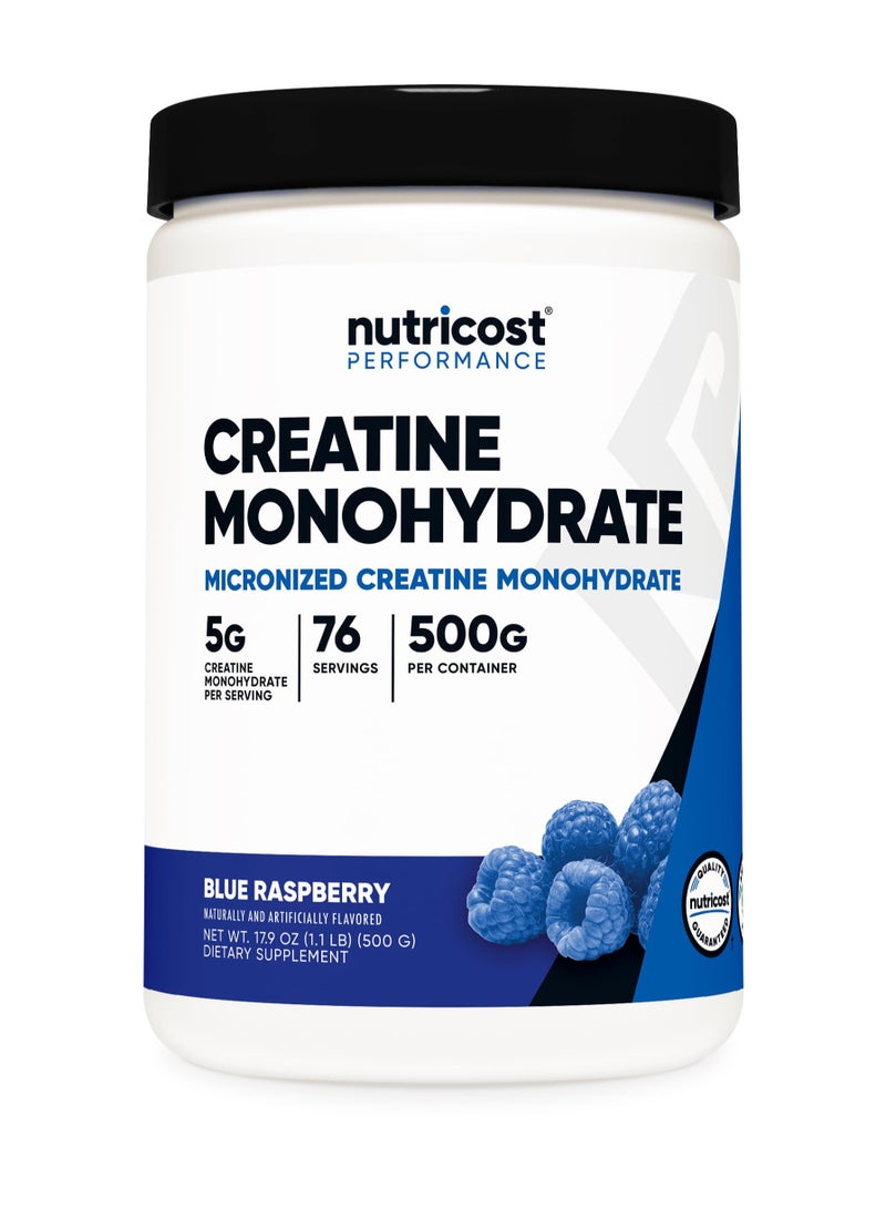 Nutricost Creatine Monohydrate, Micronized Creatine Monohydrate, 5G Creatine Monohydrate Per Serving, 76 Servings, 500G Per Container, Blue Raspberry, Net Wt. 17.9 Oz,(1.1 LB) 500 G- naturally and artiffially flavoured  - Image 1