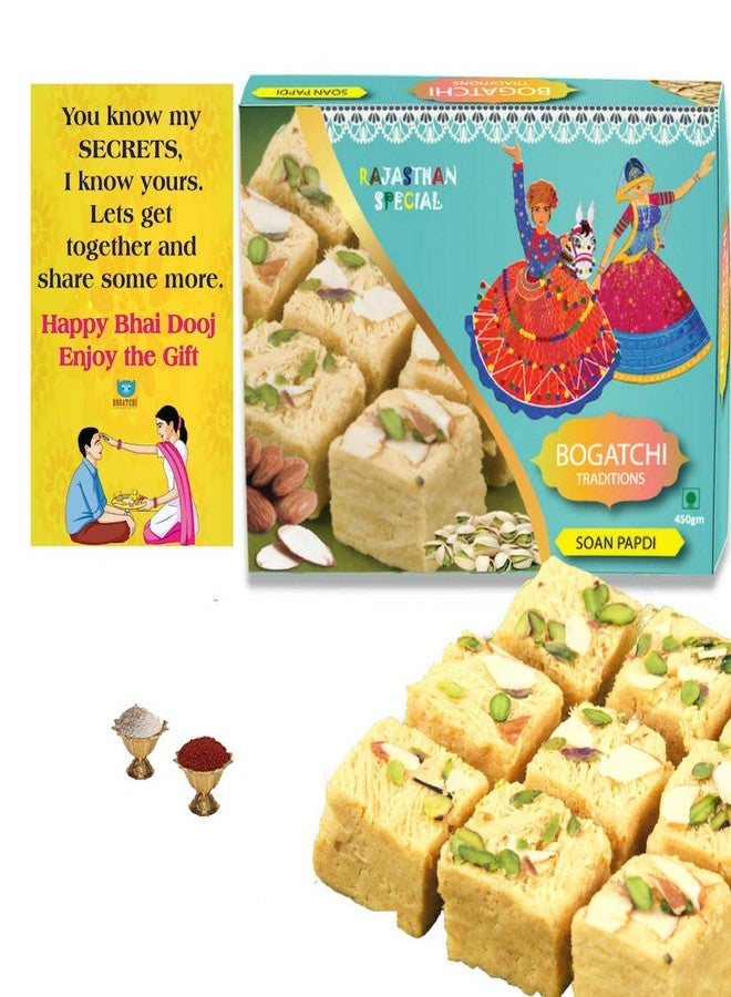 BOGATCHI Bhai Dooj Gift Cultural Soan Papdi, 400g + Free Bhai Dooj Greeting Card + Roli Chawal