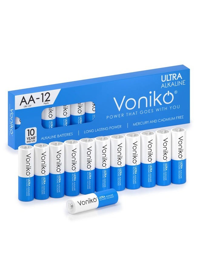 Voniko Premium Grade AA Batteries - (12 Pack) - Alkaline Double A Battery - Ultra Long-Lasting, Leakproof 1.5v Batteries - 10-Year Shelf Life - Image 1