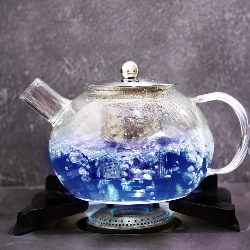 BLUE TEA غلاية شاي زرقاء زجاجية مستديرة مع غطاء مصفاة من الفولاذ المقاوم للصدأ سعة 1000 مل زجاج مقاوم للحرارة مثالي لتحضير الشاي والقهوة والمزيد آمنة للاستخدام على الموقد مميزة في برنامج شارك تانك - Image 2