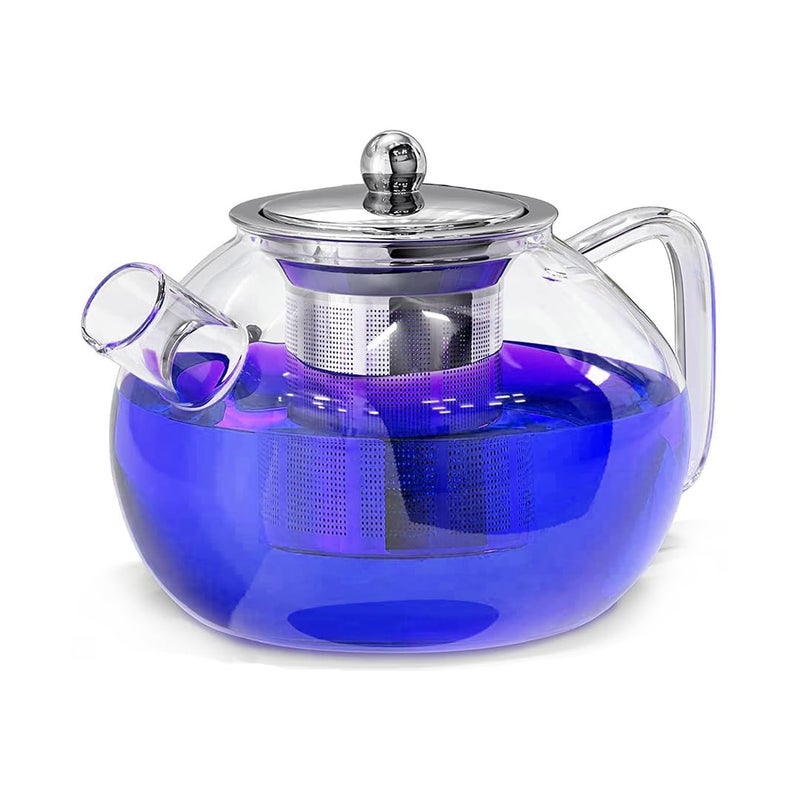 BLUE TEA غلاية شاي زرقاء زجاجية مستديرة مع غطاء مصفاة من الفولاذ المقاوم للصدأ سعة 1000 مل زجاج مقاوم للحرارة مثالي لتحضير الشاي والقهوة والمزيد آمنة للاستخدام على الموقد مميزة في برنامج شارك تانك - Image 1