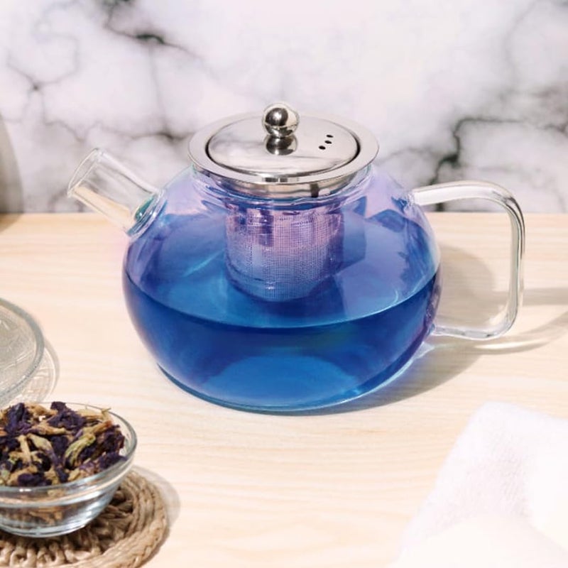 BLUE TEA غلاية شاي زرقاء زجاجية مستديرة مع غطاء مصفاة من الفولاذ المقاوم للصدأ سعة 1000 مل زجاج مقاوم للحرارة مثالي لتحضير الشاي والقهوة والمزيد آمنة للاستخدام على الموقد مميزة في برنامج شارك تانك - Image 3