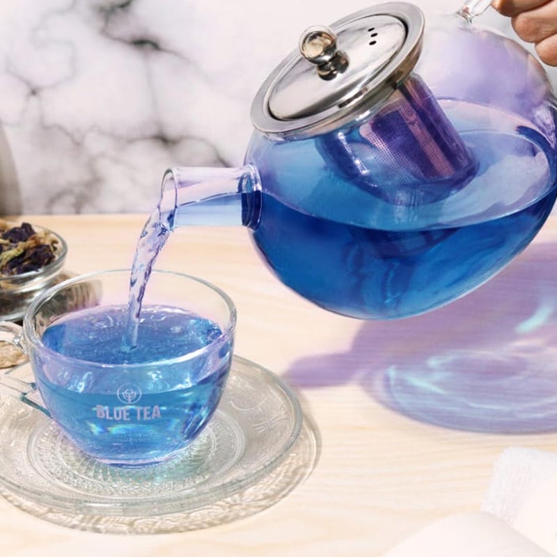 BLUE TEA غلاية شاي زرقاء زجاجية مستديرة مع غطاء مصفاة من الفولاذ المقاوم للصدأ سعة 1000 مل زجاج مقاوم للحرارة مثالي لتحضير الشاي والقهوة والمزيد آمنة للاستخدام على الموقد مميزة في برنامج شارك تانك - Image 4