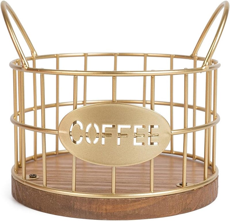 Fving Coffee Pods Holder for Countertop, K Cup Holder Organizer, Sturdy Kcup Storage Basket with Wooden Base , Pod Container For Kitchen Bar Counter Office Desktop (Gold) - Image 1