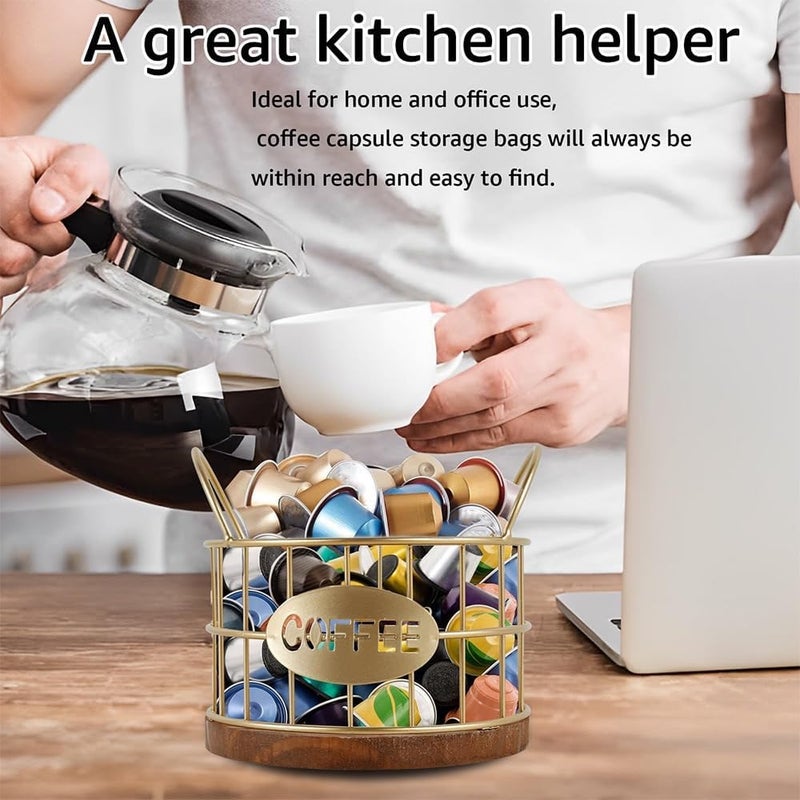 Fving Coffee Pods Holder for Countertop, K Cup Holder Organizer, Sturdy Kcup Storage Basket with Wooden Base , Pod Container For Kitchen Bar Counter Office Desktop (Gold) - Image 3