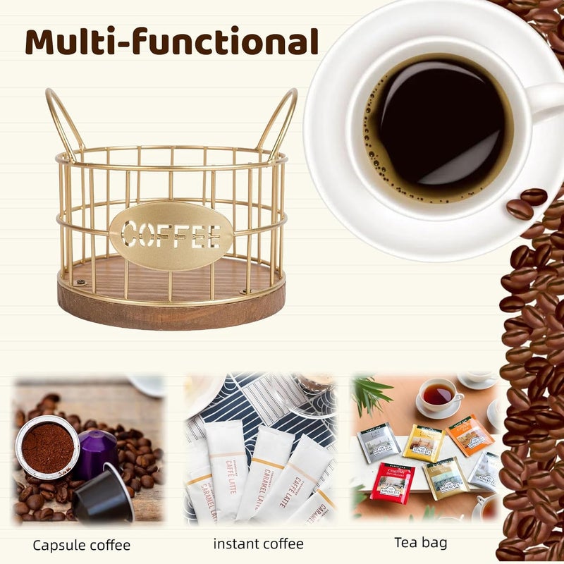 Fving Coffee Pods Holder for Countertop, K Cup Holder Organizer, Sturdy Kcup Storage Basket with Wooden Base , Pod Container For Kitchen Bar Counter Office Desktop (Gold) - Image 2
