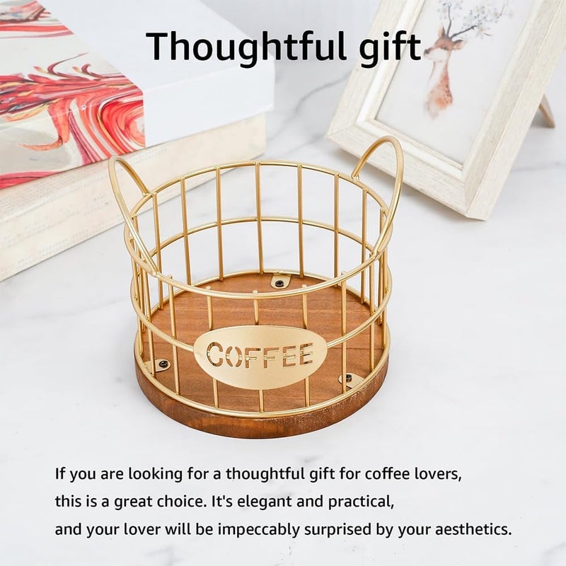Fving Coffee Pods Holder for Countertop, K Cup Holder Organizer, Sturdy Kcup Storage Basket with Wooden Base , Pod Container For Kitchen Bar Counter Office Desktop (Gold) - Image 5