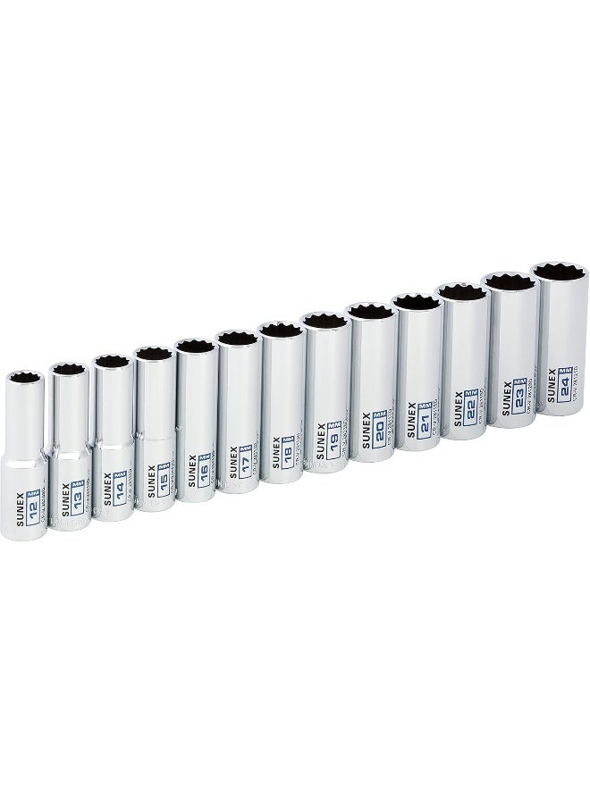 SUNEX 13Piece 1/2" Drive Chrome Socket Rail 12Pt Metric Deep - Image 3