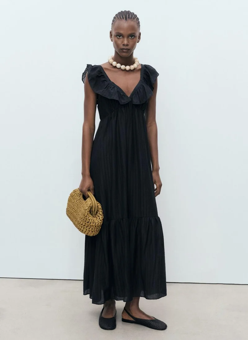 MANGO Long dress with ruffle neckline