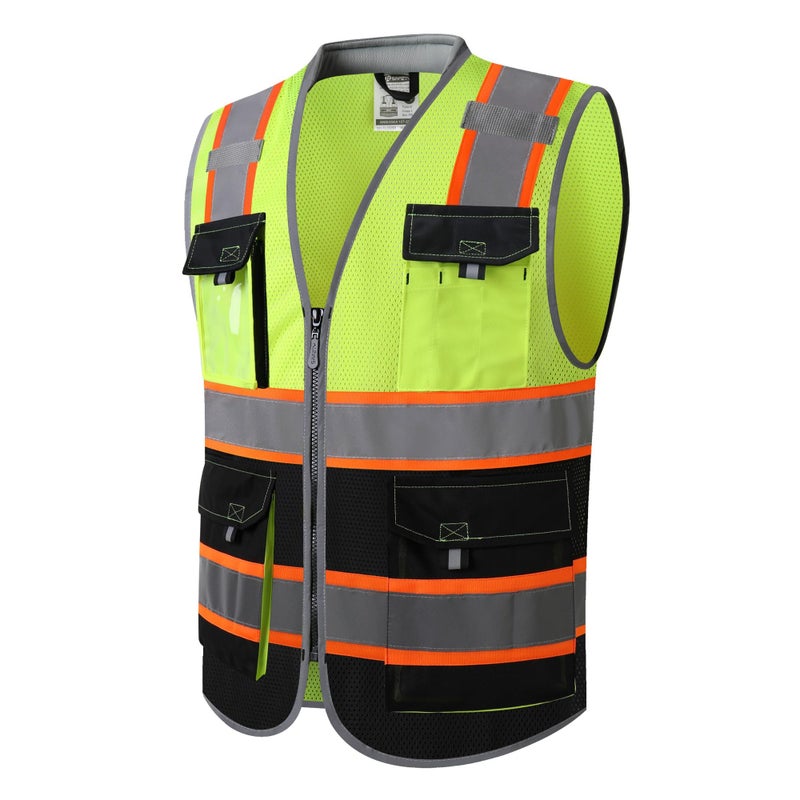 JKSafety Safety Vest for Men Women Hi Vis with Pockets and Cushioned Collar Reflective High Visibility Vest Class 2 Meet ANSI Standard YellowBlack Color Extended Orange Strips (BX360-YBLK L) 1 Piece - Image 1