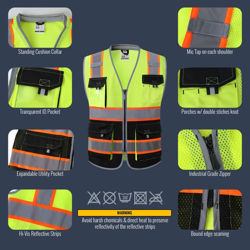 JKSafety Safety Vest for Men Women Hi Vis with Pockets and Cushioned Collar Reflective High Visibility Vest Class 2 Meet ANSI Standard YellowBlack Color Extended Orange Strips (BX360-YBLK L) 1 Piece - Image 2