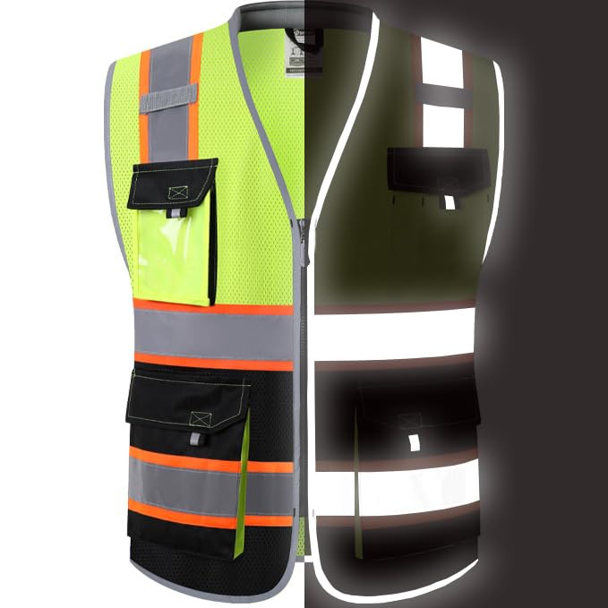 JKSafety Safety Vest for Men Women Hi Vis with Pockets and Cushioned Collar Reflective High Visibility Vest Class 2 Meet ANSI Standard YellowBlack Color Extended Orange Strips (BX360-YBLK L) 1 Piece - Image 3