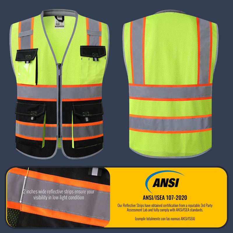 JKSafety Safety Vest for Men Women Hi Vis with Pockets and Cushioned Collar Reflective High Visibility Vest Class 2 Meet ANSI Standard YellowBlack Color Extended Orange Strips (BX360-YBLK L) 1 Piece - Image 4