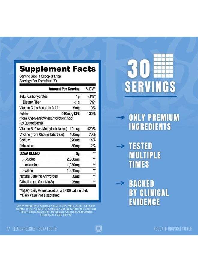 Ryse Element Series BCAA Focus | Hydrate, Focus, Recover | Designed For Versatility | With BCAAs, Caffeine, & Electrolytes | 30 Servings (Tropical Punch)
