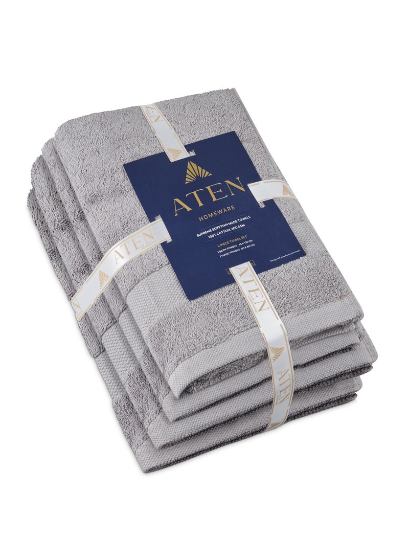 ATEN Homeware Supreme Egyptian Cotton Bath Towel Set – 4 Piece Set with 2 Large Bath Towels & 2 Hand Towels, Ultra Soft, Highly Absorbent, OEKO-TEX Certified, Made in Egypt - (Colour: Grey) - 4 PIECES