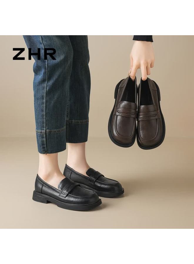 Zhr Zezu Women's Loafers Spring New Soft Sole Versatile Small Leather Shoes Women's British Style Chunky Heel Jk Shoes Ce96 Black Size 38 - Image 3