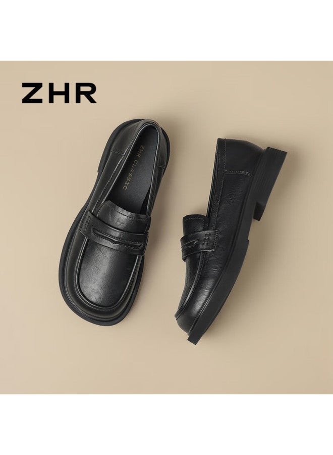 Zhr Zezu Women's Loafers Spring New Soft Sole Versatile Small Leather Shoes Women's British Style Chunky Heel Jk Shoes Ce96 Black Size 38 - Image 5