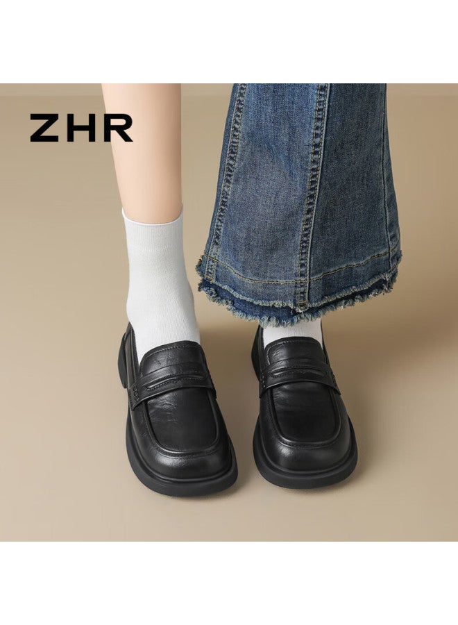 Zhr Zezu Women's Loafers Spring New Soft Sole Versatile Small Leather Shoes Women's British Style Chunky Heel Jk Shoes Ce96 Black Size 38 - Image 1