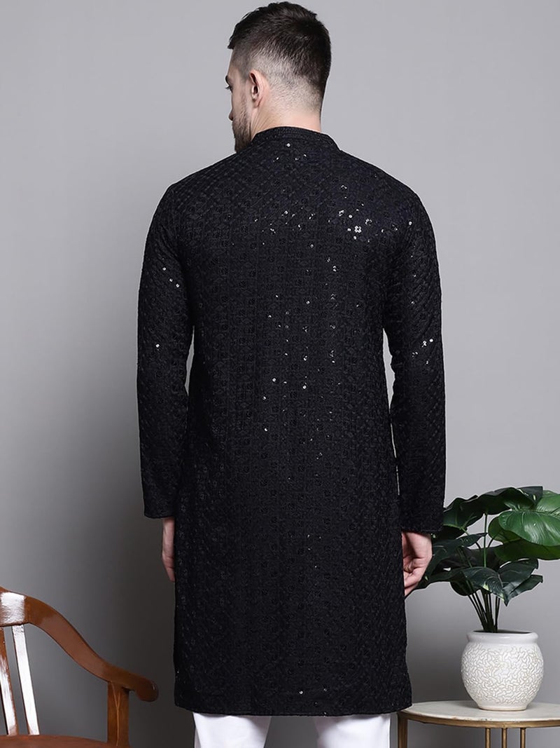 Jompers Men's Sequin Embroidered Pure Cotton Kurtas (Black, XL) - Image 2
