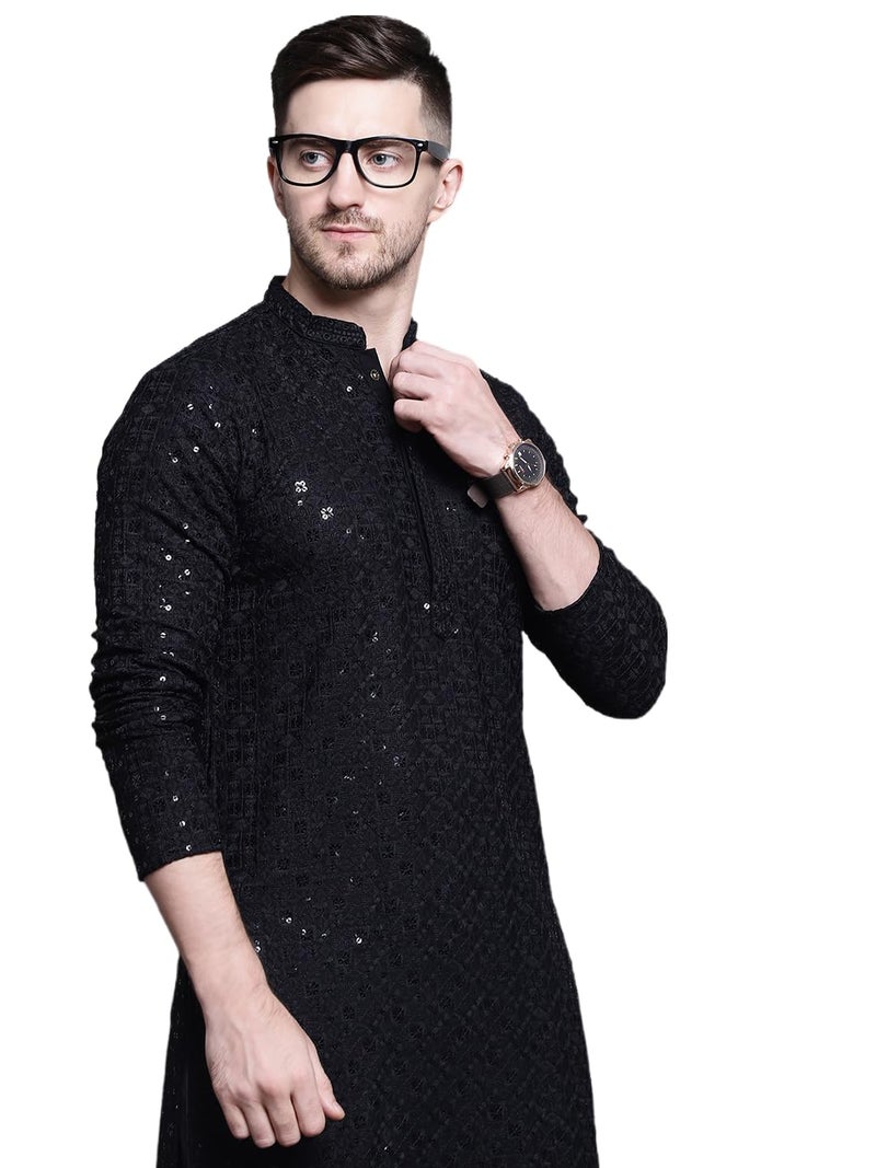 Jompers Men's Sequin Embroidered Pure Cotton Kurtas (Black, XL) - Image 1