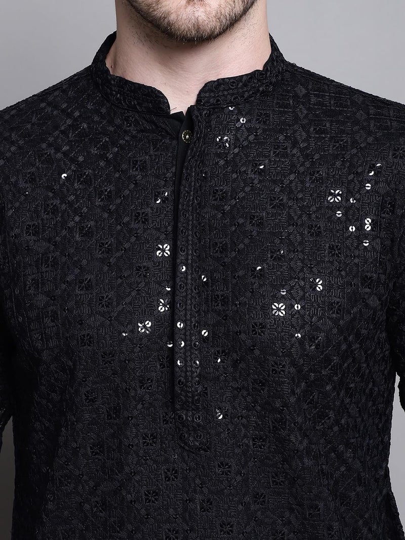 Jompers Men's Sequin Embroidered Pure Cotton Kurtas (Black, XL) - Image 5