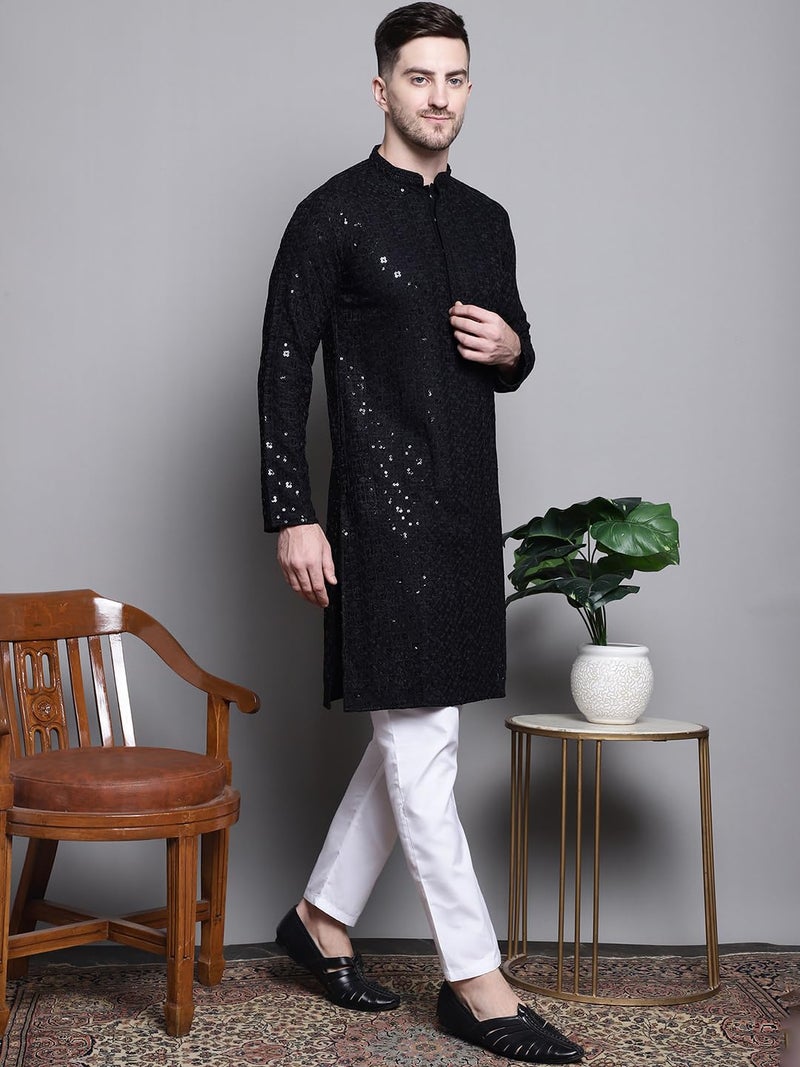 Jompers Men's Sequin Embroidered Pure Cotton Kurtas (Black, XL) - Image 4
