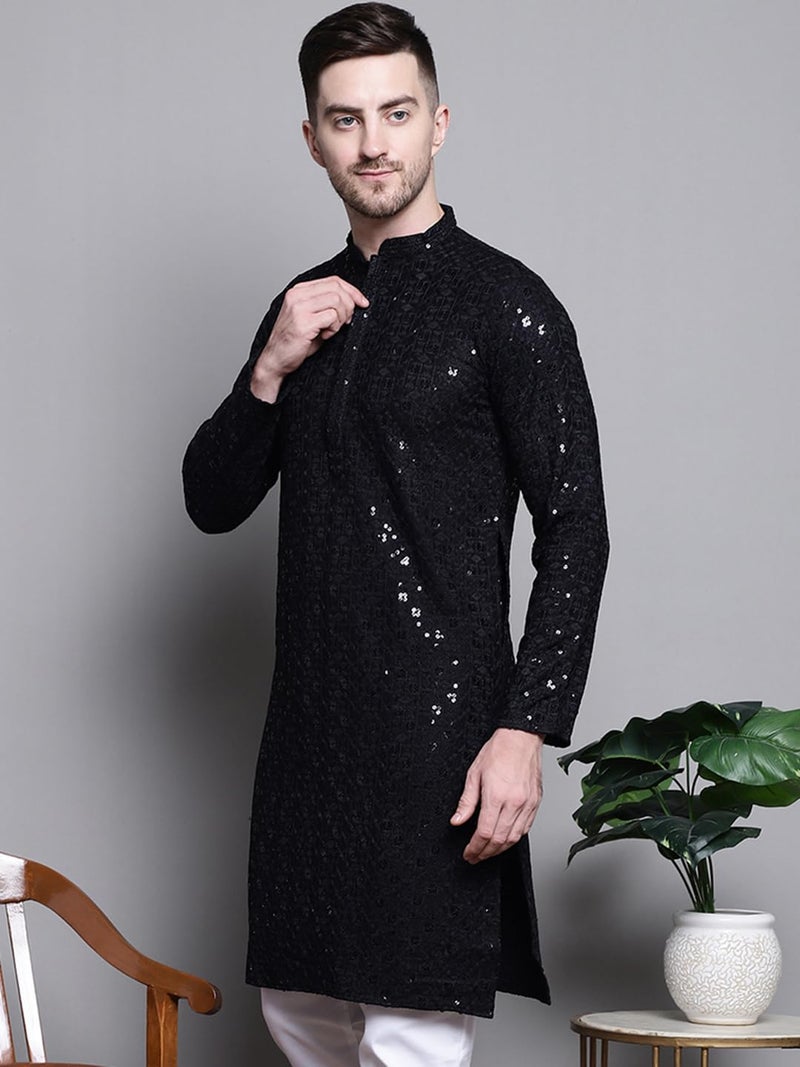 Jompers Men's Sequin Embroidered Pure Cotton Kurtas (Black, XL) - Image 3