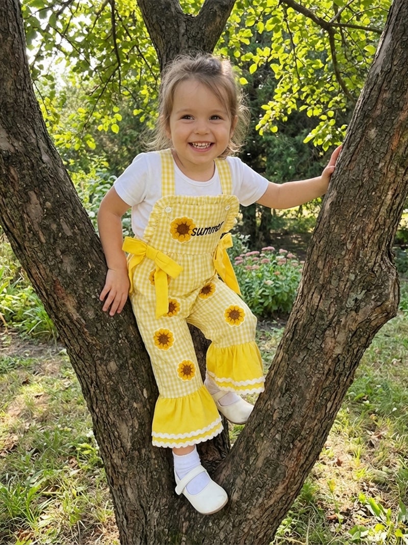 Little Girls Overalls Adorable Watermelon Flower Embroidery Sleeveless Square Collar Plaid Bell Bottoms Jumpsuit - Image 1