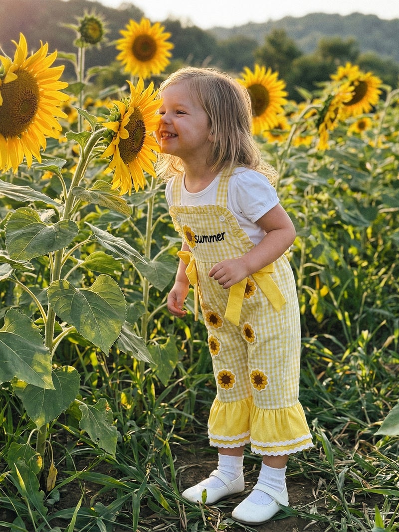 Little Girls Overalls Adorable Watermelon Flower Embroidery Sleeveless Square Collar Plaid Bell Bottoms Jumpsuit - Image 2