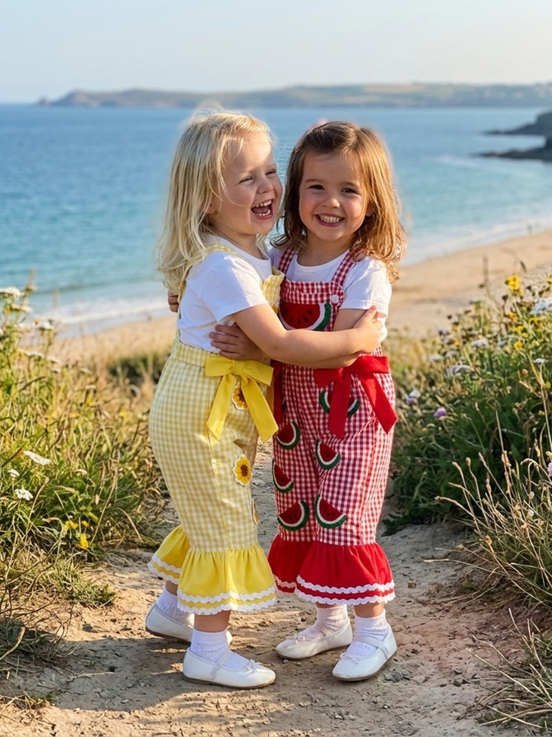 Little Girls Overalls Adorable Watermelon Flower Embroidery Sleeveless Square Collar Plaid Bell Bottoms Jumpsuit - Image 5