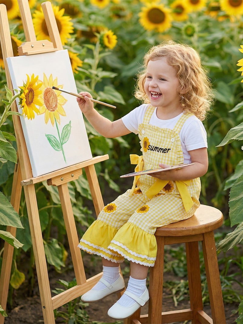 Little Girls Overalls Adorable Watermelon Flower Embroidery Sleeveless Square Collar Plaid Bell Bottoms Jumpsuit - Image 3