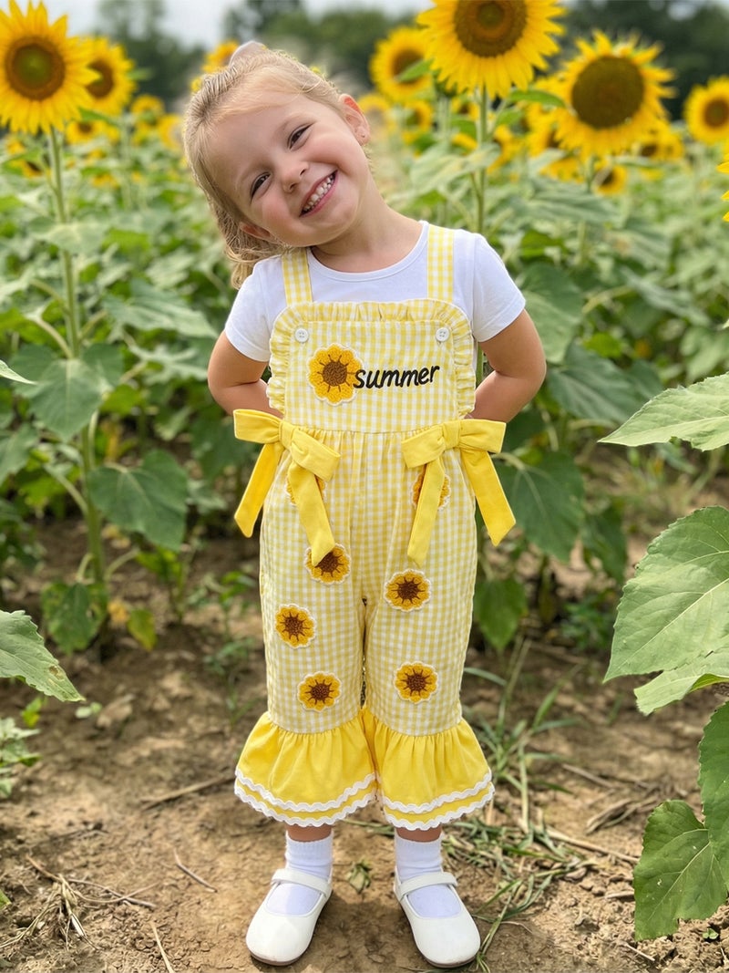 Little Girls Overalls Adorable Watermelon Flower Embroidery Sleeveless Square Collar Plaid Bell Bottoms Jumpsuit - Image 4