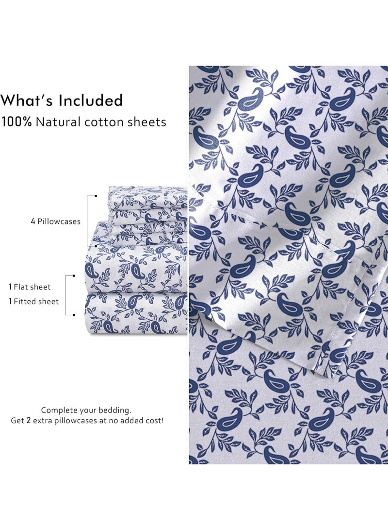 RUVANTI 6 Pcs Cotton Sheets - 100% Natural Cotton Soft, Lightweight & Breathable Crispy Percale Bed Sheets, Queen Sheet Set 16" Deep Pockets, Paisley Ornament - Image 3