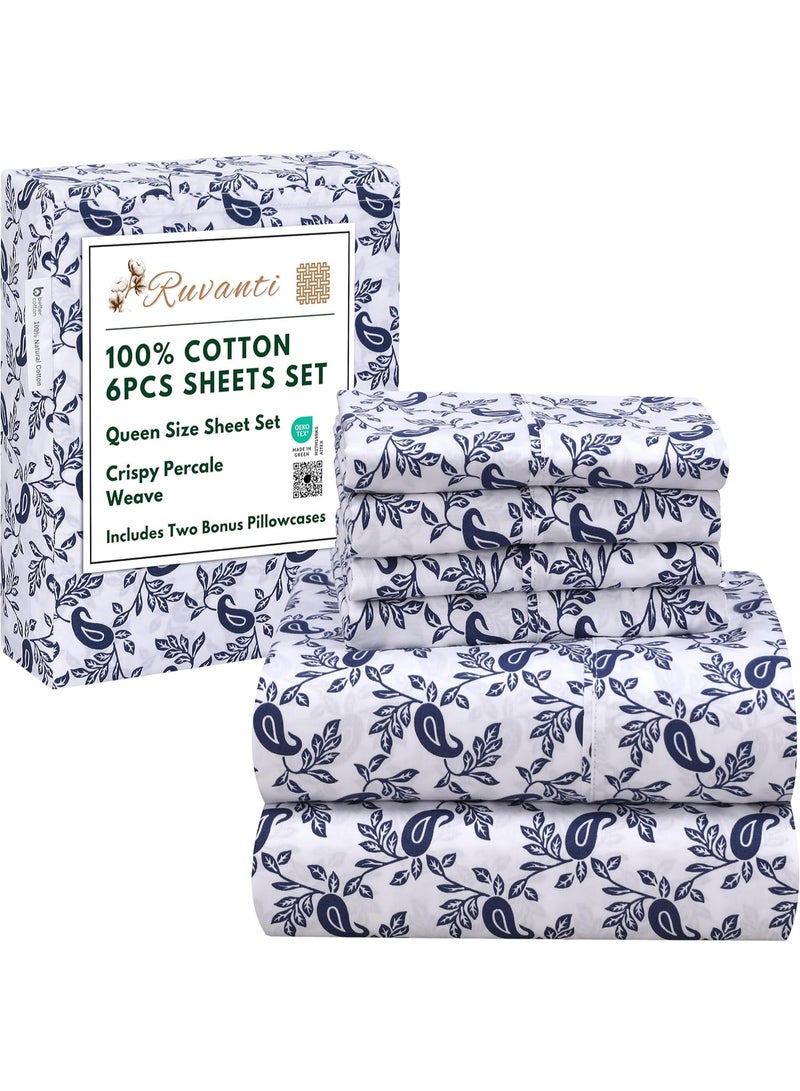 RUVANTI 6 Pcs Cotton Sheets - 100% Natural Cotton Soft, Lightweight & Breathable Crispy Percale Bed Sheets, Queen Sheet Set 16" Deep Pockets, Paisley Ornament - Image 1