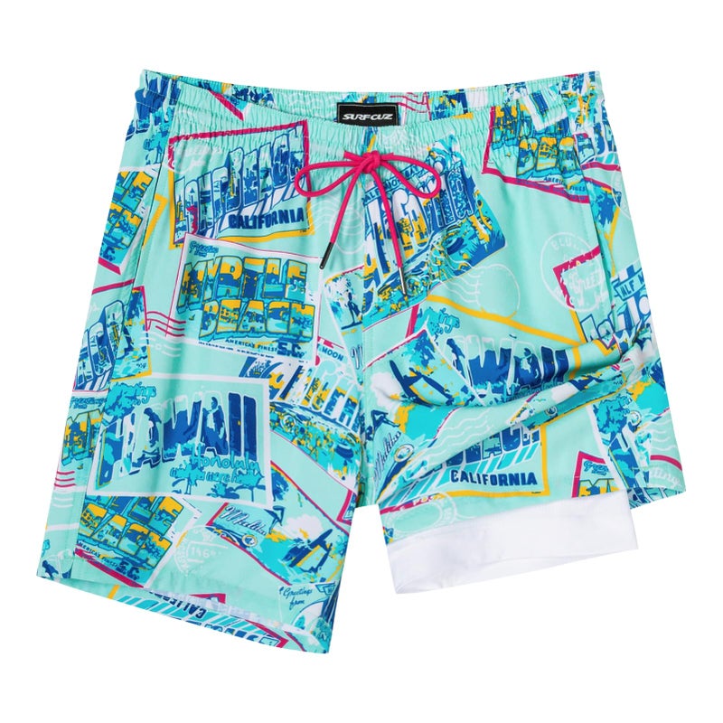 SURF CUZ Mens Swim Trunks with Compression Liner Quick Dry Swim Shorts 7" Swimming Trunks Stretch Bathing Suit 7 Inch,Beach Snapshot,L - Image 1