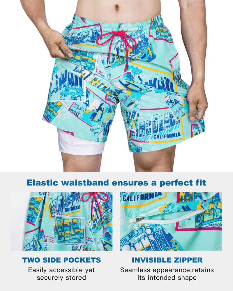 SURF CUZ Mens Swim Trunks with Compression Liner Quick Dry Swim Shorts 7" Swimming Trunks Stretch Bathing Suit 7 Inch,Beach Snapshot,L - Image 4