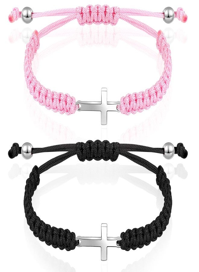 Sureio Cross Friendship Bracelet Adjustable Braided Rope Jesus Christian Cross Bracelets Matching Couple String Lucky Strand BFF Wristband for Women Men Boy Girls Easter Baptism(Black, Pink) - Image 1