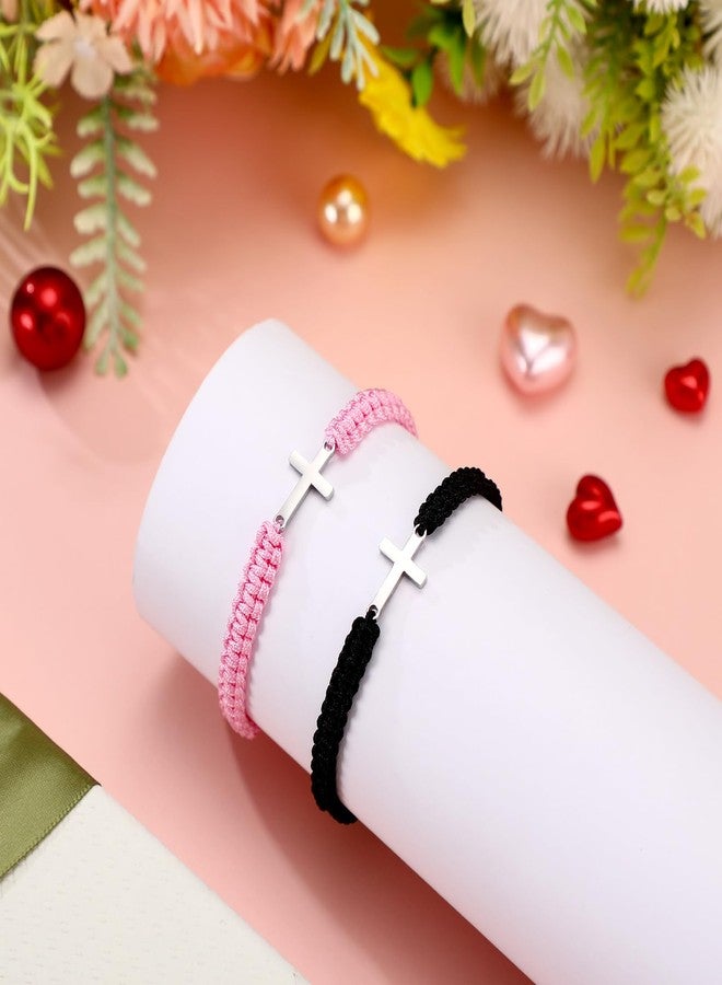Sureio Cross Friendship Bracelet Adjustable Braided Rope Jesus Christian Cross Bracelets Matching Couple String Lucky Strand BFF Wristband for Women Men Boy Girls Easter Baptism(Black, Pink) - Image 4