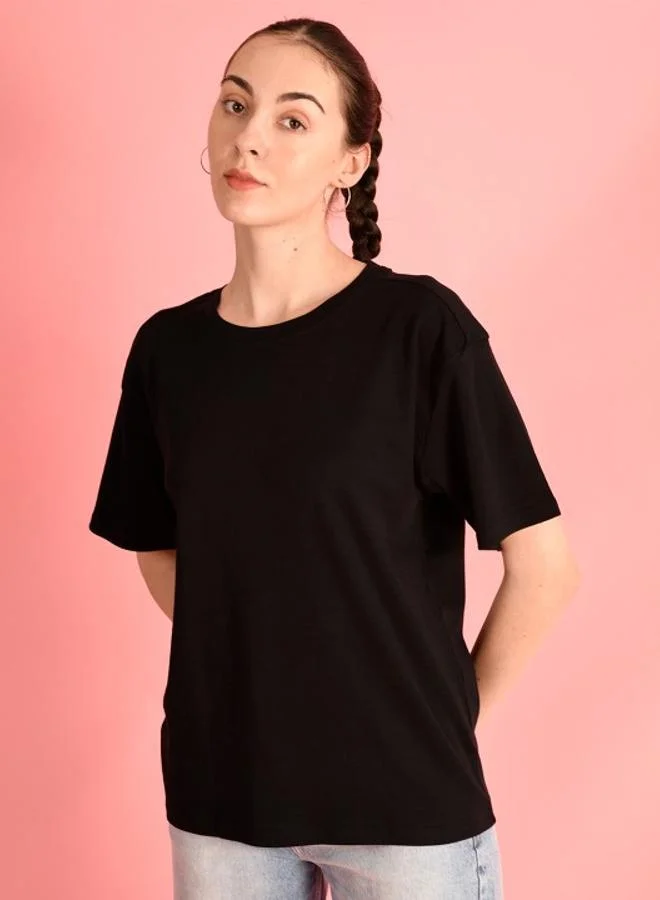 Styli Women Black Solid Relaxed Fit T-Shirt By Bene Kleed